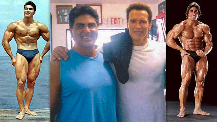 Body builder Dennis Tinerino in his youth (1960s), in his prime (1970s), and visiting his old friend and competitor, Arnold Schwarzenegger, in the 2000s.